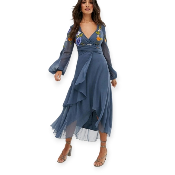 ASOS Dresses & Skirts - ASOS Blue Floral Embroidered Wrap Style Midi Dress US 12